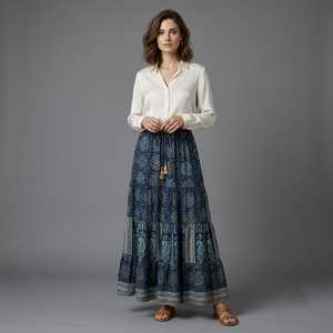 Women's Boho Woven Printed Tiered A-Line Maxi <b>Skirt</b> with <b>Elastic</b> Waist Casual Summer Cotton Blend <b>Skirt</b> - Product Image 2
