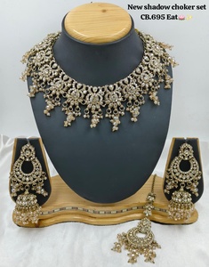 Luxury High Quality Vintage Alloy Rhodium Plated Crystal Rhinestone Choker Necklace <b>Set</b> Earrings Maang Tikka Ring Wedding - Product Image 1