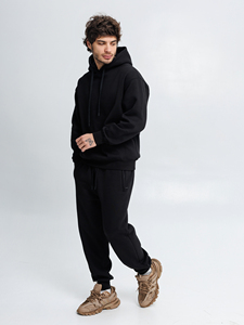 Black <b>Oversized</b> Hoodie & <b>Jogger</b> Set. Fleece Two Piece Sweatsuit | Streetwear Hoodie Pants Set. OEM Private Label Manufacturer - Product Image 5
