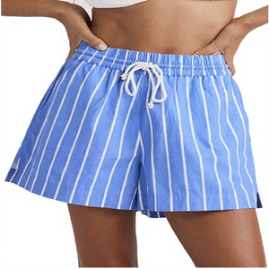 <b>Women's</b> Striped Cotton <b>Shorts</b> Elastic Waist Drawstring Casual Mid Rise Blue <b>White</b> Pattern Breathable Oxford Fabric - Product Image 3