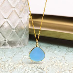Elegant Blue Chalcedony Vintage Bezel Setting Gold Pendant Dainty Vermeil Charm 14K Gold Filled Satellite Chain Gift Mom <b>Wife</b> - Product Image 2