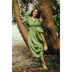 Robe Babydoll en mélange de coton vert lime pour femme, manches bouffantes, coupe ample, mini-robe décontractée - Product Image 4