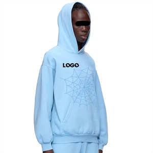 OEM/ODM Custom <b>Light</b> Blue Knitted Men Cotton Hoodie with Solid Spider Web Print Winter Fashion Men Oversized Hoodie Pakistan - Product Image 1