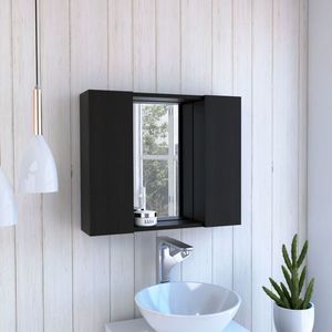 Armadietto Portamedicinali a Doppia Anta DEPOT E SHOP con Nero Granato e Un Ripiano Esterno, Specchio da Bagno Incluso - Product Image 1