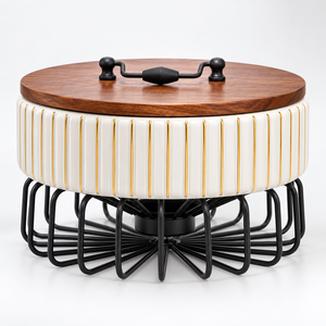 Olla Redonda Moderna de Cerámica con Tapa de Acero Inoxidable y Soporte Metálico, Ecológica y Duradera - Product Image 1