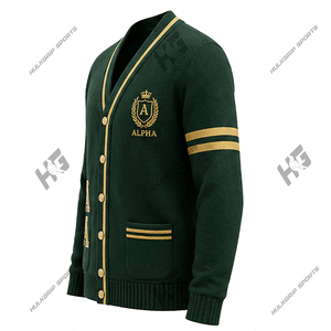 Cárdigan de Punto de Manga Larga con Cuello Redondo Informal de Alta Calidad en Verde Dorado, Lana Merino para Mujer - Product Image 2