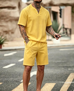 Men's Yellow Cotton Lounge Set V-Neck T-Shirt Shorts Casual Summer Knitted Solid Color Soft Comfortable Two-Piece Outfit - Product Image 1