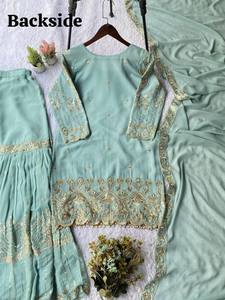 Elegant Mint Green Embroidered Sharara Dupatta Gold Floral <b>Sequined</b> Details Long Sleeve Neck Vintage Style Quick Dry - Product Image 4