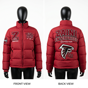 Women Puffer Jacket 300 GSM Premium Polyester Quilted <b>Red</b> Panel Design Custom Embroidery Chenille Patch Woven Patch OEM - Product Image 1