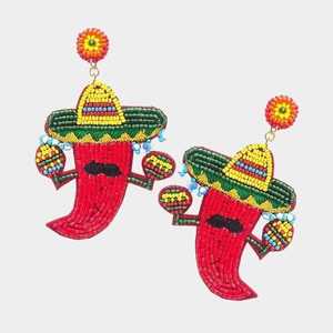 Boucles d'oreilles pendantes en forme de piment rouge de dessin animé avec design perlé Sombrero, bijoux de fête bohèmes pour femmes - Product Image 1