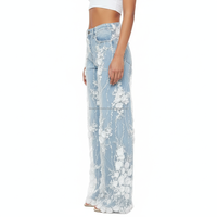 Jeans évasés pour femmes, blancs, taille haute, patchwork floral, respirants, sur mesure, OEM, vente en gros