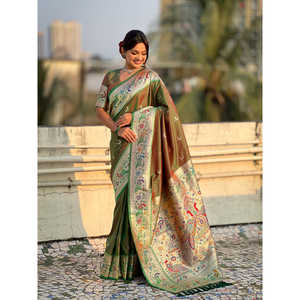 Sari indien et pakistanais en soie Paithani verte Mehandi Elite Weaves pour femmes, tissé avec des fils Zari de Banarasi, 650 g, toutes saisons - Product Image 1