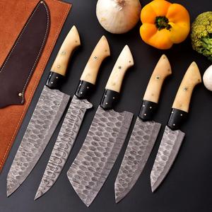Hand Forged Five Piece Damascus Steel Chef <b>Knife</b> Set Bone Handles <b>Sharp</b> Straight Edge Custom <b>Kitchen</b> <b>Knife</b> Set with Bag - Product Image 3