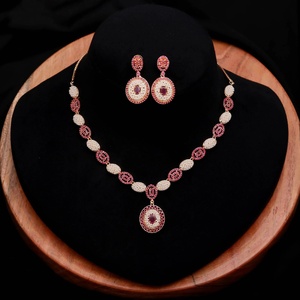 Pearl Necklace and <b>Earrings</b> Set Ruby 22K Gold Plated Brass Traditional Indian Handmade Jewelry Wholesale Factory - Product Image 3