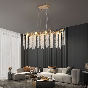 Lampadario a Sospensione Moderno Dorato da 39 Pollici con Fili di Cristallo a Cascata, Illuminazione di Alta Gamma per Soggiorno e Sala da Pranzo - Product Image 1