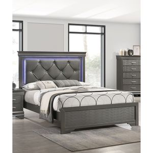 Letto Matrimoniale Queen Size in Ecopelle Grigio Scuro con Texture Unica, Luce LED, Struttura in Legno Massello, Arredamento Camera da Letto, 1 Pezzo Imbottito - Product Image 2