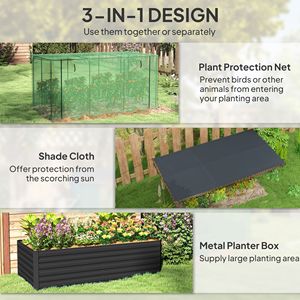 Jardinière surélevée en acier galvanisé gris foncé avec cage de protection et toile d'ombrage pour fleurs, légumes et herbes - Product Image 4
