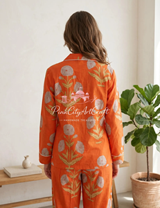 Premium Quality Hand-Printed Cotton Pajama Set for Women Nightwear Loungewear Aesthetic Indian Artisanal Cotton PJ Set - Product Image 3