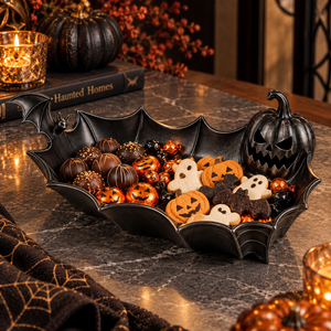 Bandeja Decorativa de Aluminio con Diseño de Murciélago y Calabaza para Halloween, Ideal para Decoración de Interiores Oscuros |   Bandeja de Servir Gótica para Exhibición de Dulces en Fiestas, Regalo Único - Product Image 2