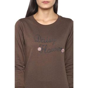 Sudadera de Cuello Redondo Marrón para Mujer con Bordado de Flor de Margarita, Manga Larga, Tejido de Algodón, Ropa Casual de Otoño - Product Image 4