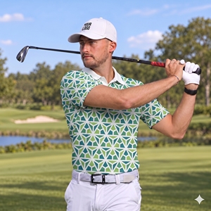 Camisa de Golf de Manga Corta para Hombre, Estampado Geométrico, Cuello con Botones, Azul Verde, Absorbe la Humedad, Secado Rápido, Transpirable, Elástica - Product Image 5