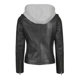 Custom Real Lambskin Leather <b>Jacket</b> for Women with Removable Hoodie Asymmetrical Slim Fit Black Biker <b>Jacket</b> - Product Image 5