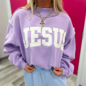 Jesus Custom Embroidery <b>Mock</b> <b>Neck</b> Sweatshirt Lavender Varsity Oversized Women Pullover Heavyweight Fleece Wholesale Bulk - Product Image 5