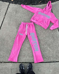 <b>Pink</b> Hooded Tracksuit Set <b>Women</b> Long Sleeve <b>Top</b> With Number 7 And Wide Leg Sweatpants - Product Image 6