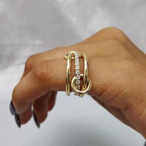 Yellow Gold Multi Link Connector <b>Ring</b> Round Cut Moissanite Sterling <b>Silver</b> Interlocking Engagement Wedding <b>Statement</b> <b>Ring</b> Set - Product Image 4