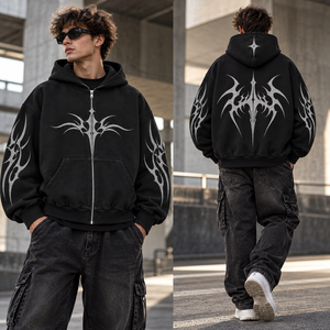 Sweat à capuche zippé personnalisé avec logo, effet délavé, noir, motif géométrique vintage, coton 350 g/m², hiver, poche avant, coupe classique, homme, service OEM - Product Image 2