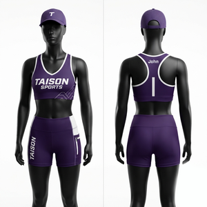Soutien-gorge de sport de compression BJJ en coton premium 260g avec bretelles en Y et encolure montante, short, panneau violet et blanc, sublimation personnalisée effet cristal - Product Image 1