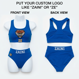 Women <b>Bikini</b> <b>Set</b> Premium 100% Polyester 240 GSM Regular Fit <b>Blue</b> High Waist Racerback Solid Custom Heat Transfer Logo Panel 1 - Product Image 1