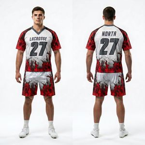 Uniforme de Lacrosse Rojo y Negro con Gráficos Sublimados, Jersey y Pantalones Cortos Transpirables de Malla de Secado Rápido, Conjunto de Ropa Deportiva para Equipo - Product Image 1