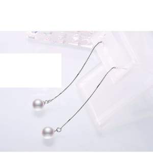 Boucles d'oreilles pendantes en argent S925, perle d'eau douce ronde de 7-8 mm, haute qualité, longues, pour femme - Product Image 1