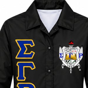 <b>Black</b> Gold Blue Greek Letter Embroidered Coach Jacket Custom Crest Button Up <b>Windbreaker</b> with Ribbed Cuffs Drawstring Hem - Product Image 6