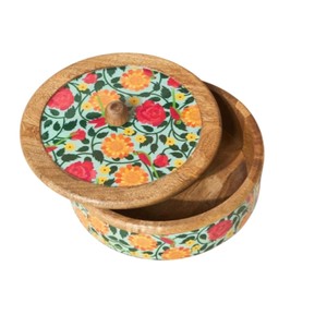 Premium Handcrafted Mango Wood Hot Pot Roti <b>Box</b> Enamel Coated <b>Floral</b> Printed Chapati Casserole for Modern Kitchen & Dining Decor - Product Image 3
