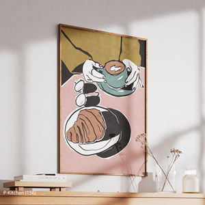 Modern Holiday Wall Art Coffee and Croissant Illustration Poster on Canvas with Wood <b>Frame</b> Cozy Cafe Wall Decor - Product Image 3
