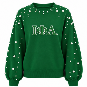 Sweat-shirt décontracté en molleton de coton pour femme Iota Phi Lambda, orné de perles, col rond, avec lettres grecques brodées, pour sororité - Product Image 3