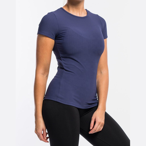Camiseta de Punto para Mujer, Cuello Redondo, Manga Corta, Color Azul Marino Sólido, Corte Ajustado, Transpirable, para Todas las Temporadas, Ropa Casual, Camiseta de Gimnasio - Product Image 3