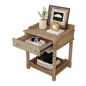 Comodino in Stile Retrò per Camera da Letto con Ripiano Aperto Naturale, Cassetto e Gambe Lavorate, Comodini con Maniglia in Metallo - Product Image 6