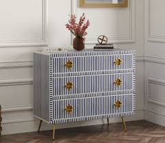 Commode à tiroirs en os incrusté, artisanale, meubles indiens traditionnels, motif géométrique noir et blanc, style antique, décoration de chambre - Product Image 3
