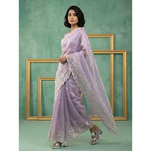 Sari en soie pure Chanda Elite Weaves avec broderie florale élégante, travail Schiffli Resham Zari et bordure ajourée - Product Image 5