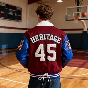 เสื้อแจ็คเก็ตวาร์ซิตี้ผู้ชาย แบรนด์ Men High Street  ผ้าขนสัตว์ หนัง  ปักอักษร  ปักลายเชนิลล์  เสื้อแจ็คเก็ตเบสบอลแบบสั่งทำ - Product Image 5