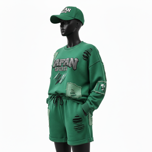 Ensemble sweat-shirt et short en coton brossé de haute qualité 100% coton et polyester, vert, avec logo brodé, pour femmes - Product Image 4