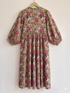 Women Vintage Boho A-Line Midi Dress 100% Cotton Floral Print Puff-Printed <b>Three</b>-Quarter Sleeve V-Neck Regular Fit Summer Casual - Product Image 3