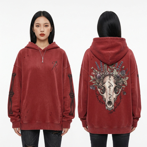 Sweat-shirt col rond 350 GSM pour femme, gris anthracite, imprimé crâne de démon cornu, délavé à l'acide, coupe ample, effet vieilli, style gothique, vente en gros - Product Image 2