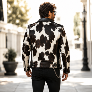 Blouson de moto en cuir véritable pour homme LEATHER SPOT, en cuir de vachette à poils, à capuche, motif écossais, respirant, coupe-vent, décontracté, été, multi-usages - Product Image 2