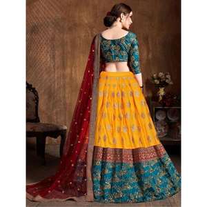 Soie Banarasi brodée vert sarcelle et jaune Lehenga Choli - Product Image 3