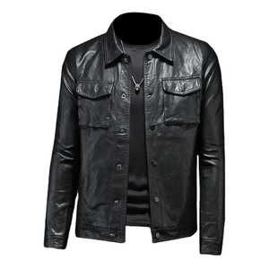 Chaqueta de Motociclista de Cuero Genuino para Hombre, Cuello Alto, Cierre de Cremallera, Corte Regular, Estilo Otoñal, Color Negro Sólido - Product Image 5