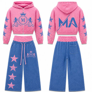 Conjunto Deportivo para Hombre, Color Rosa y Azul, Estampado de Estrellas, Lavado a la Piedra, 100% Algodón, 450 g/m², Lavado Ácido, Corte Holgado Informal, Ropa de Invierno - Product Image 1